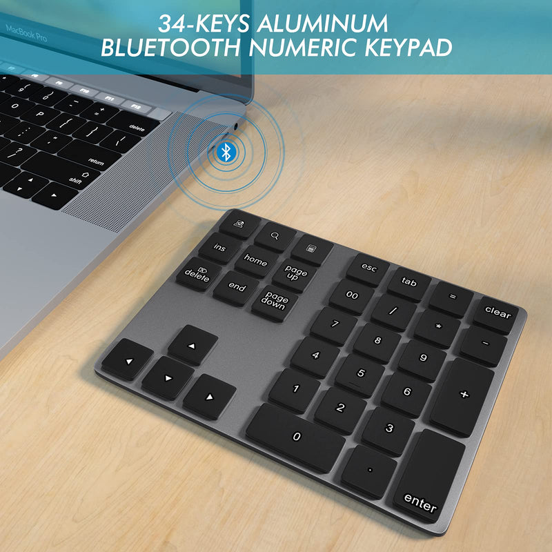 Bluetooth Numeric Keypad, Foloda Aluminum Rechargeable 34-Keys Wireless Number Pad External 10 Keys Numpad Data Entry Compatible for Laptop MacBook Mac Windows