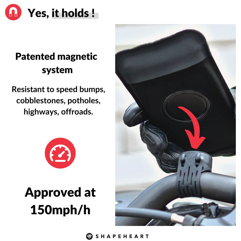 Magnetic motorbike phone holder | Anti vibration motorcycle phone holder | Waterproof Motorcycle Handlebar phone mount | 360° orientation 2XL phone up to 6.77" (17.2 cm)