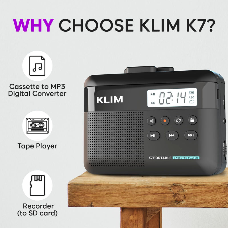 [AUSTRALIA] - KLIM K7 Cassette Tape Player + Cassette to MP3 Converter + Portable Cassette Player + Walkman Cassette Player + Built-in Microphone & Speaker + Rechargeable Battery + Earphones + 16GB SD Card Black 
