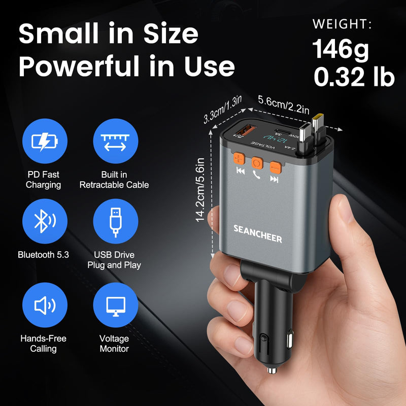 SEANCHEER Car Bluetooth Adapter & Car Charger USB C, 69W Cigarette Lighter Adapter with 2 Retractable Cables, FM Transmitter Bluetooth 5.3 for Handsfree Call, MP3 Player [Gray[USB-C+USB-C]] Gray[USB-C+USB-C]