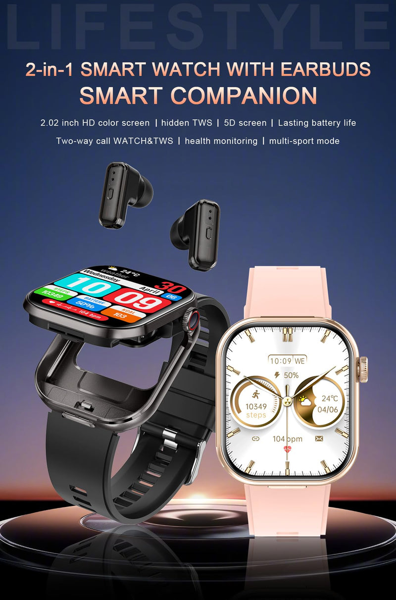 Smart Watch with Earbuds,2.02" HD Screen,2 in 1 Smart Watches for Women,Waterproof Fitness Tracker Watch with Wireless Earphone Compatible for Android iOS with Sports Monitor Sleep Golden