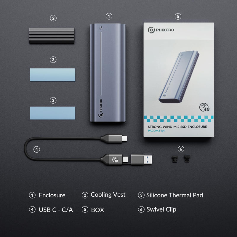 PHIXERO 40Gbps M.2 NVMe SSD Enclosure, PhiBox Pro External NVMe Enclosure with Fan, Tool-Free, Compatible with Thunderbolt 4/3 USB4