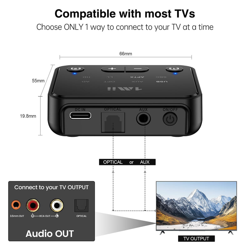 [AUSTRALIA] - [Upgraded] 1Mii Bluetooth 5.3 Transmitter for TV to 2 Wireless Headphones/Speakers, 100ft Long Range Bluetooth Adapter for TV w/Volume Control, Optical/USB/AUX/RCA Audio Inputs, aptX Adaptive & HD 