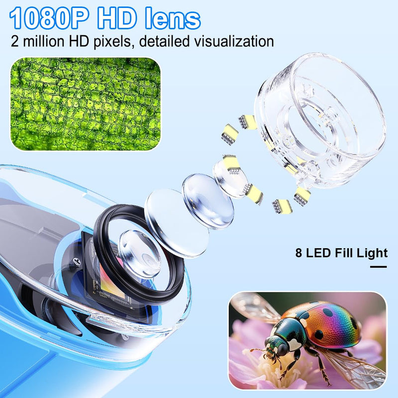 [AUSTRALIA] - 1000X Handheld Digital Microscope for Kids, 4K Kids Microscope with 2.4" Screen, 200–1000X Magnification, Portable STEM Educational Toy with 12 Slides for Boys and Girls Ages 5–12 (Blue) Blue 