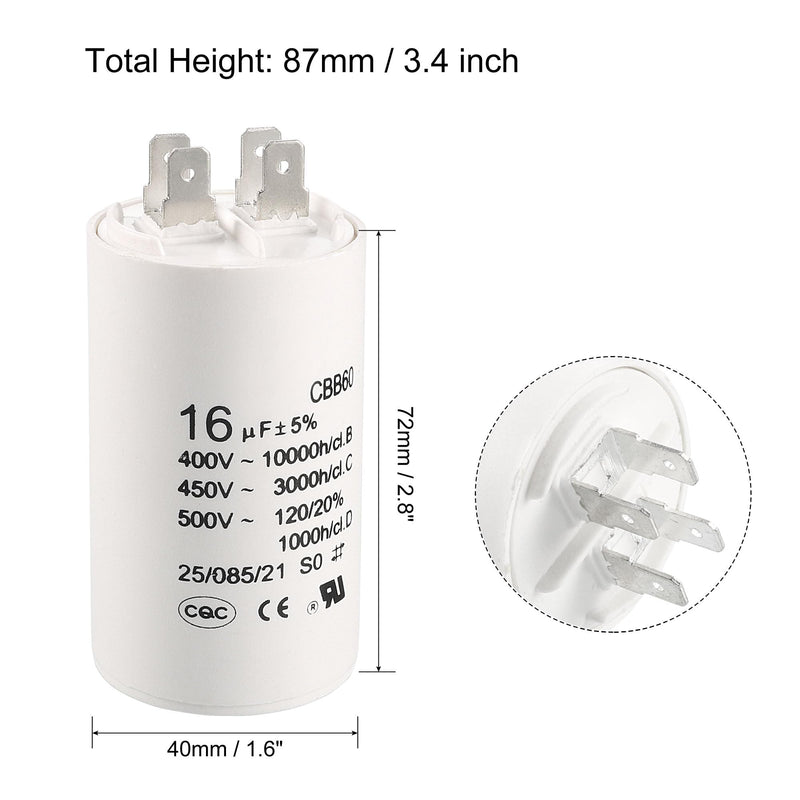 sourcing map CBB60 Operating Capacitor 16uF 450V AC Double Insert 50/60Hz Cylinder 75 x 37 mm White for Air Compressor Water Pump Motor