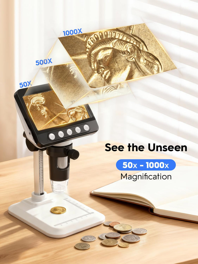 Coin Microscope for Error Coins, 4.3 inches 1080P LCD Digital Microscope, 50x-1000x Magnifier with 8 Adjustable LED Lights, PC View, Compatible with MacOS Windows for Adults Kids White