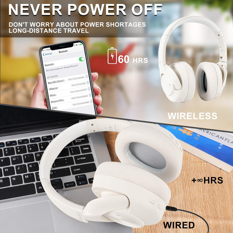Active Noise Cancelling Headphones: Hybrid Bluetooth Headphones Over Ear with HiFi Audio - Wireless Headset 60H Playtime for Android Bluetooth Devices (White) White