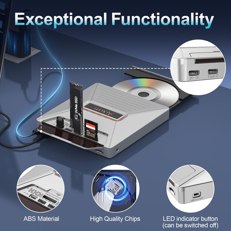[AUSTRALIA] - Alxum External CD DVD Drive for Laptop, 7 in 1 Portable CD Player DVD Burner with M.2 NVMe/USB 2.0 Interface and SD/Micro SD Card Slot, Ultra-Slim Disk Drive Optical for Windows/Mac OS/Linux/Vista Gray 