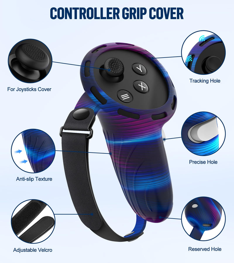 Silicone Cover Set Compatible with Oculus/Meta Quest 3, Touch Controller Grips Cover, VR Shell Cover, Facial Interface Cover, Protective Lens Cover, Tempered Glass Lens Caps (Aurora Blue) Aurora Blue