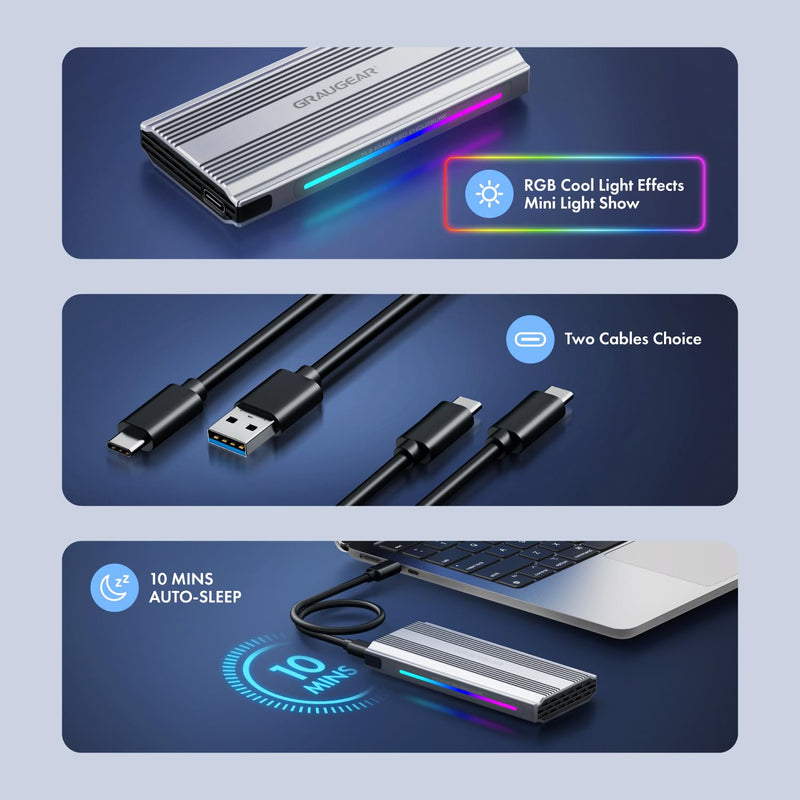 GRAUGEAR M.2 SSD NVMe Enclosure RGB, 10Gbps USB3.2 Gen2 Tool-Free Aluminum External M2 Solid State Drive NVMe Enclosure USB C, RTL9210 External Case for PCIe NVMe M-Key B+M Key [G-M901-AC-10G]