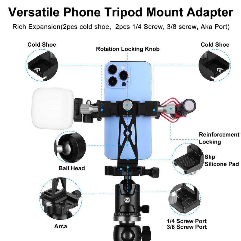 Peastrex Metal Phone Tripod Mount Extra Deep Clamp with Arca Port Cold Shoe 360°Ball Head Cellphone Tripod Adapter for iPhone Galaxy Smartphone Stand Holder for Vlogging Video Camera Monitor