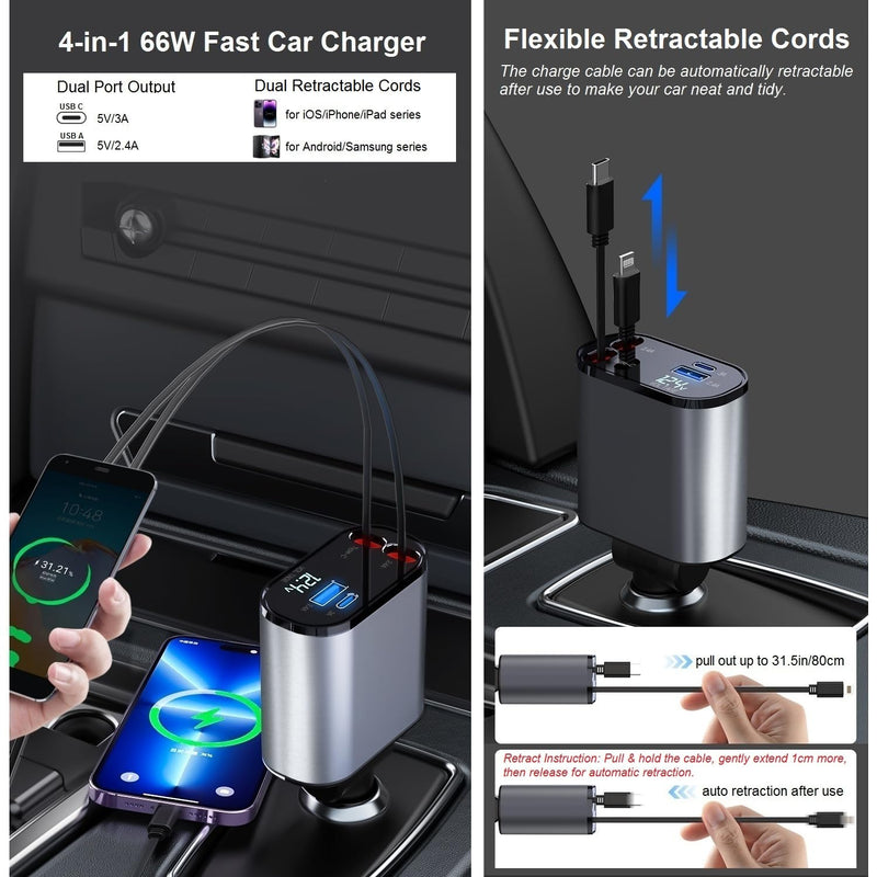 Retractable Car Charger - 4-in-1 Fast Car Phone Charger USB C and Lightning Cords 66W Cigarette Lighter Chargers Adapter for iPhone 15 14 13 12 Pro Max iPad Android Galaxy S24 S23 Pixel Tablet PT-16