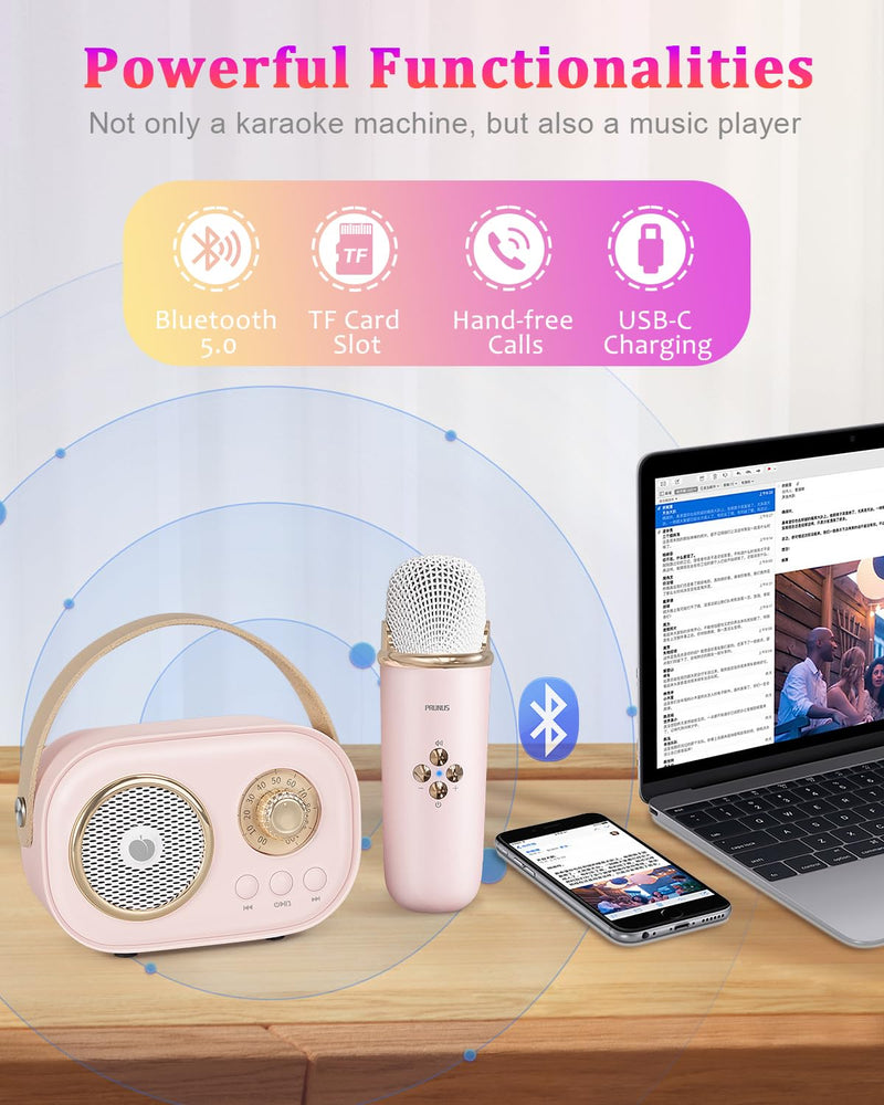 PRUNUS Mini Karaoke Machine for Kids&Adults,Portable Bluetooth Speaker with 2 Wireless Microphones and Stereo Sound Enhanced Bass,Toys for Girl 6 7 8 9 10 11 12 Years Old Home Party Birthday-Pink Pink-2 Mic