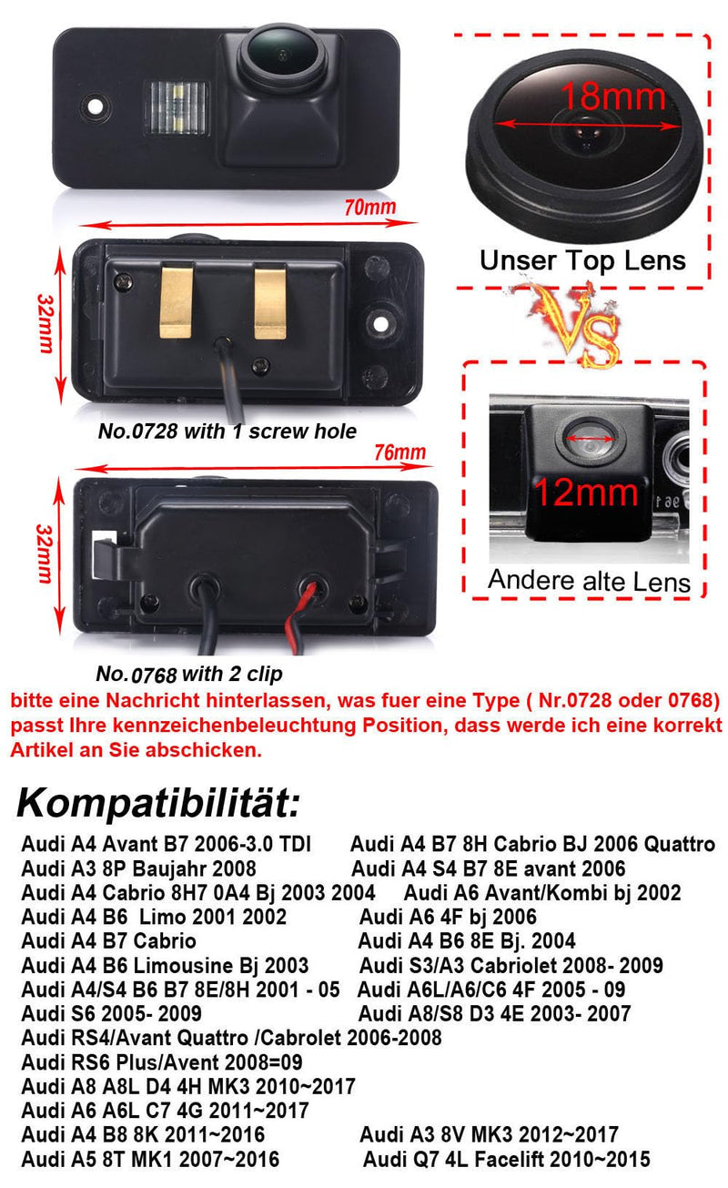 Super HD 1280x720 Pixels 1000 TV Lines car Back up Camera Reverse Parking Rear View License Plate Light Vehicle Camera for Audi A3 S3 A4 S4 A5 A6 A6L S6 A8 Q7 A8L S6 Q5 Model 1=0728