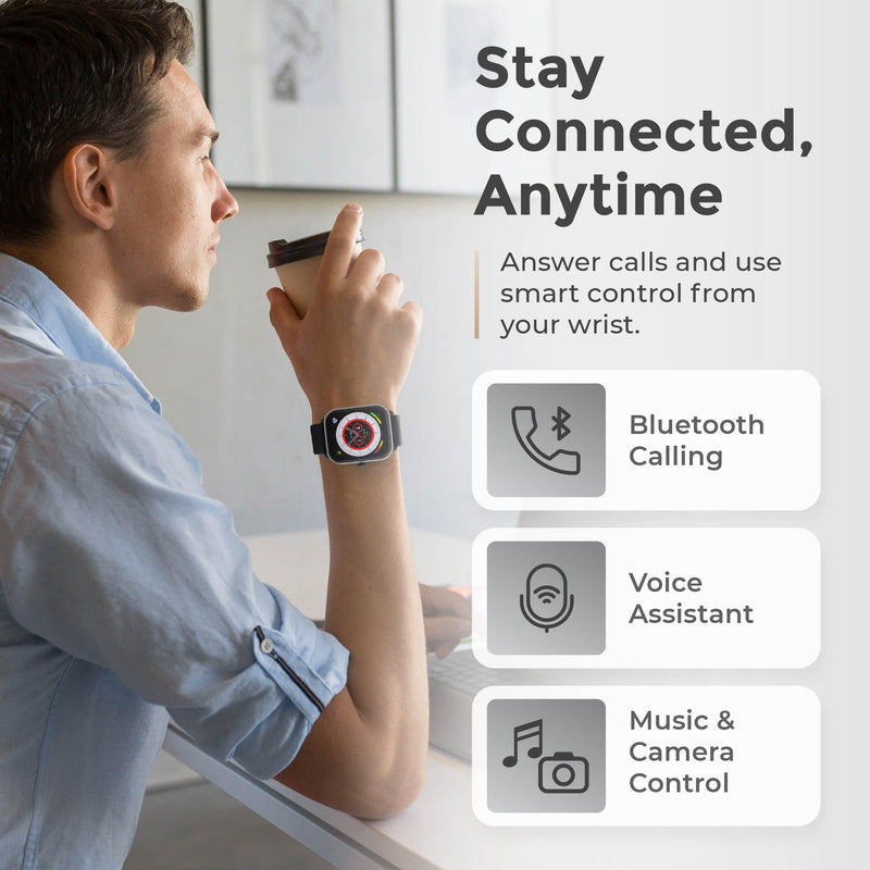 iWatch Silver Smart Watch, 1.85" Touch Screen Fitness Tracker, Men & Women | Black rubber band. AMOLED, Bluetooth calling, heart rate, sleep & step tracking, 3ATM water resistant, iOS & Android Silver Case + Black Rubber Band
