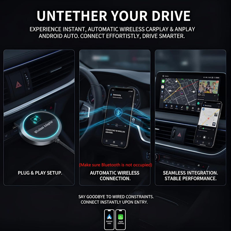 GPY 2-in-1 Wireless CarPlay Adapter 2026 for Apple & Android Auto Adapter | Plug & Play CarPlay Dongle Converter, Fast Auto-Connect, Compact Design Fast Stable Connection with USB/USB-C Port (Grey) Grey