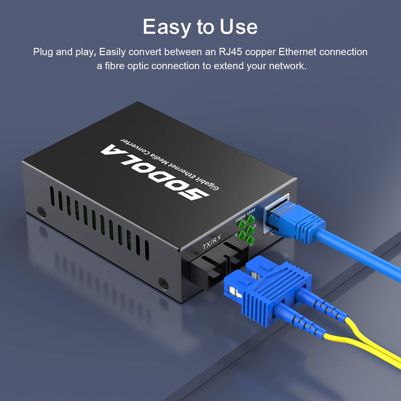 SODOLA Gigabit SingleMode Fiber to Ethernet Media Converter, Dual SC Fiber, 1000Base-LX to 10/100/1000Base-Tx Gigabit SMF Fiber SC to Copper RJ45 Ethernet Converter, up to 20km, Pack of 2