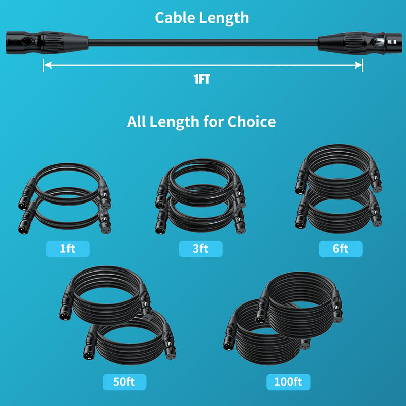SMALL-EYE XLR Cables for Microphone 1FT 2 Pack, Hi-Fi Gold Plated 3-Pin Balanced Short Cable XLR Male to Female Patch Cord 2-Pack of 1 Feet