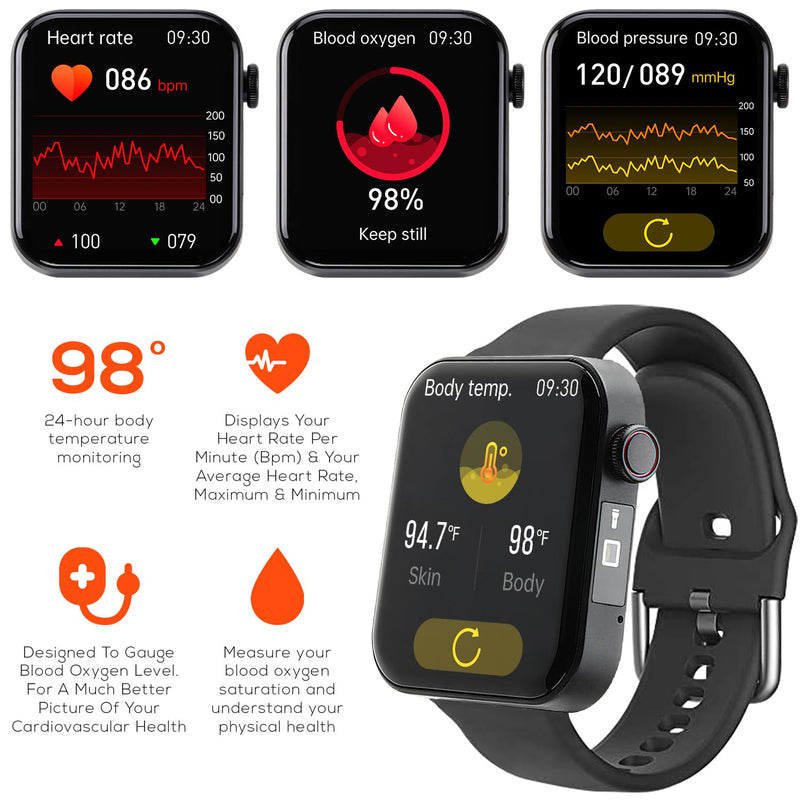 Life Watch Smart Heart Rate Blood Oxygen Body Temperature Sleep Monitor Fitness Steps Tracker Wireless Voice Call iOS &Android Compatible IP67 Waterproof Various Sport Fitness Modes Flash Light- Black