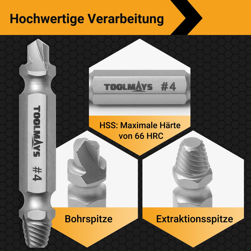 TOOLMAYS Screw Extractor Set, 5 Pieces Left Extractor Set, Max. Hardness up to 66 HRC, Damaged Screw Remover Extractor Set 2-in-1 solution