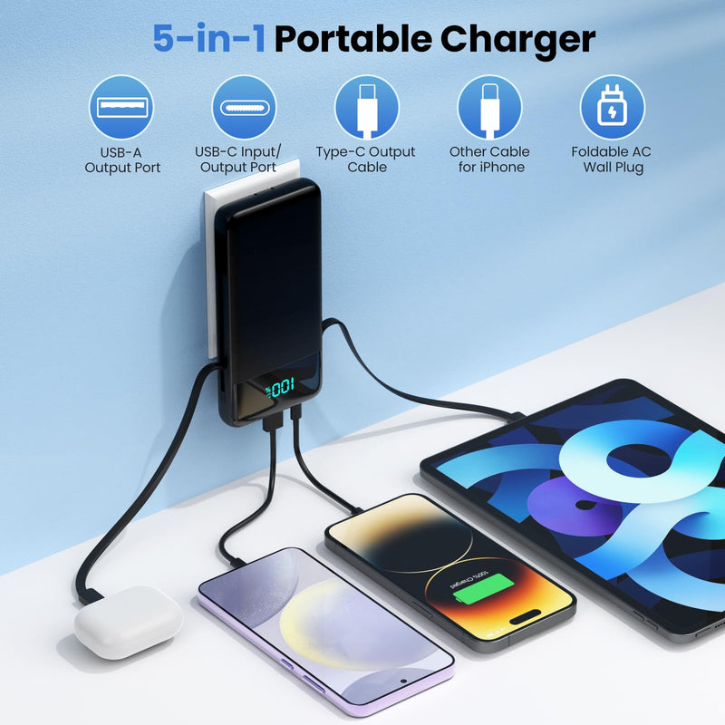 Portable Charger for iPhone with Built in Cables and Wall Plug,Upgraded 13800mAh Fast Charging USB C Power Bank,4 Outputs Travel Essential Battery Pack Compatible with iPhone 16/15/14,Samsung,Android Black