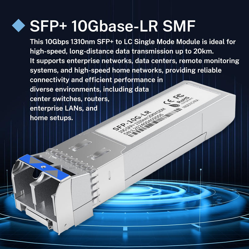 2Pack SFP+ LC 10GBase-LR Transceiver - 10G Single Mode Module, Compatible with Cisco SFP-10G-LR, Ubiquiti UF-SM-10G, Meraki, Mikrotik, Netgear, Aruba, TP-Link and More - 1310nm, SMF, 20km, DDM 2PCS 10G SFP to LC SingleMode