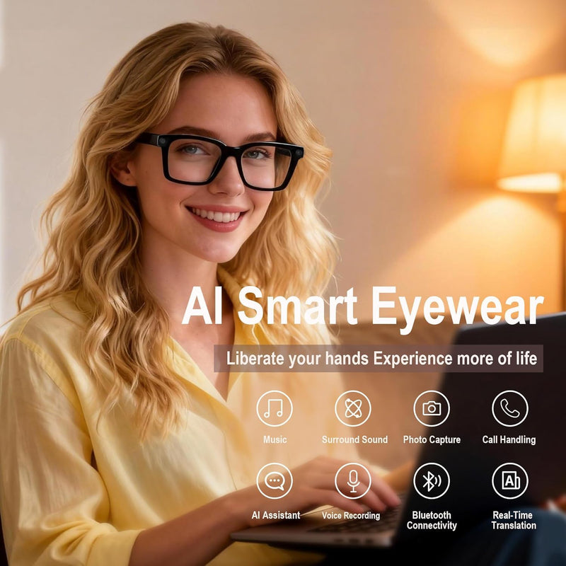 AI Smart Glasses Camera 8MP 1080P Recording Translation Open-Ear Bluetooth | 8MP Camera records 1080P POV video hands-free. Capture travel, vlogs & daily life from your first-person view.