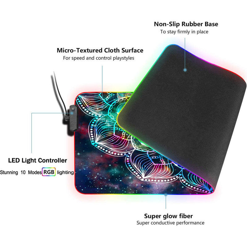 RGB Gaming Mouse Pad and Coasters Set,Mandala in Galaxy Extended Soft Led Mouse Pad with 10 Lighting Modes, Anti-Slip Rubber Base,Computer Keyboard Mouse Mat 800 x 300mm / 31.5×11.8 inches Mandala in Galaxy