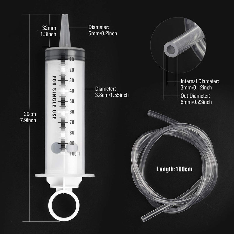 Hyber&Cara 100 ml Plastic Syringe with 100 cm Hose Made of PVC, Dosing Syringe, Feed Syringe, Marinating Syringe for Engine Oil, Brake Fluid Bleeding, Gardening, Pack of 2 100ml