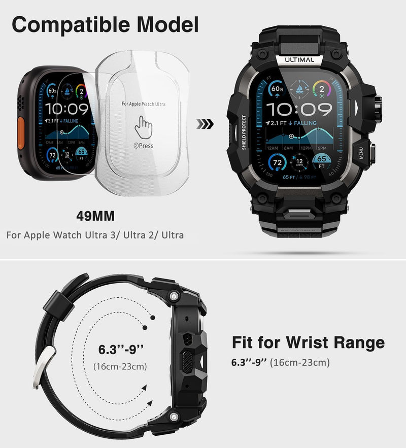 ULTIMAL Rugged Case with Band for Apple Watch 49mm,Compatible with Apple Watch Ultra 3/2/1, Military Grade Shockproof Bumper Cover for iWatch Tactical Band Men (Black, 49mm) Black
