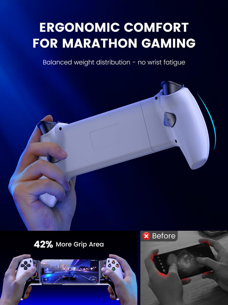 KICKDOT Mobile Gaming Controller with TMR Joysticks & Hall Triggers, No Drift Bluetooth Gamepad for iPhone (iOS)/Android/Switch 2/1/OLED - Wireless Controller for Xbox Cloud/Steam Link, RGB Light, Turbo Macro Back Buttons, Long Battery White