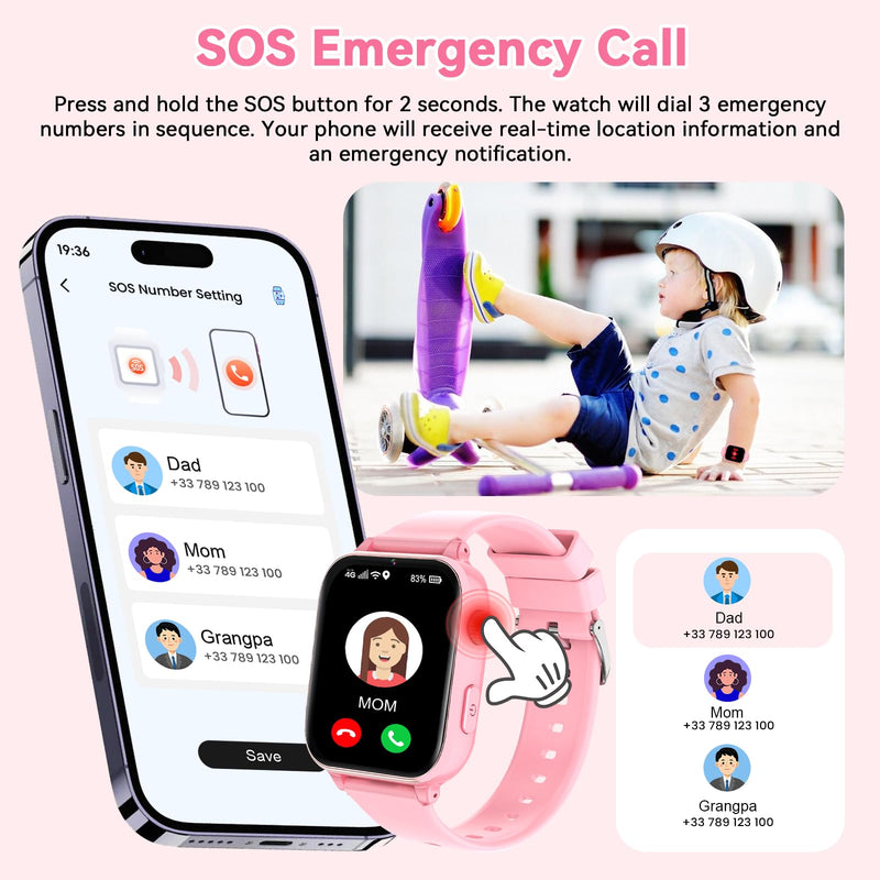 4G Kids Smart Watch Phone GPS, Smartwatch for Boys Girls Ages 4-12 Years with Video Call Chat Class Mode SOS Camera Alarm Games Parental App Touch Watch Gifts for Children (Includes SIM Card) Pink Rose Pink