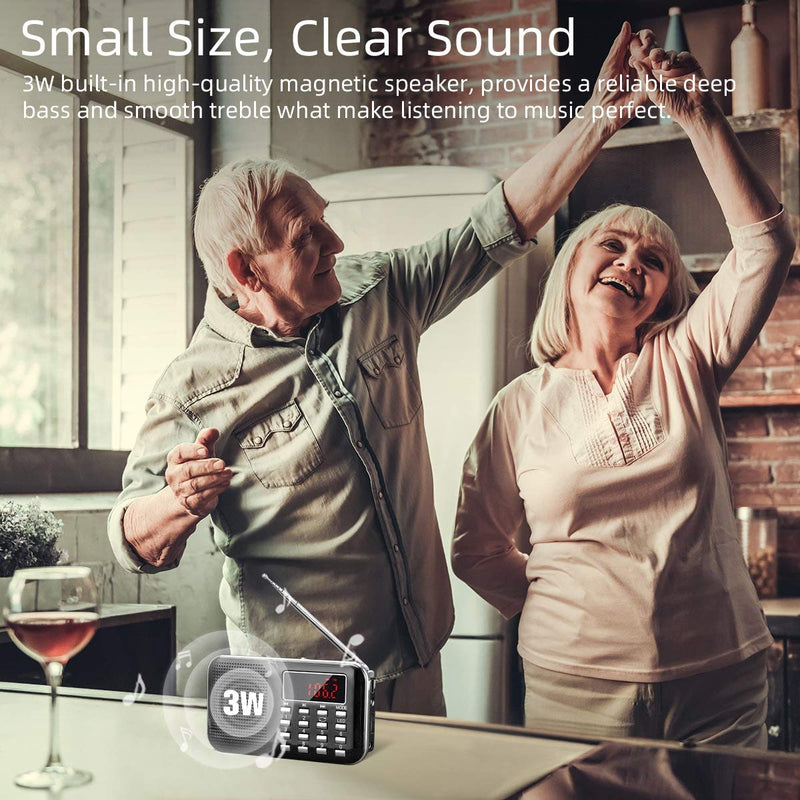 [AUSTRALIA] - PRUNUS Mini Portable Radio AM FM Pocket Radio with MP3, LED Flashlight, Digital Radios Speaker Support Micro SD/TF Card/USB, Auto Scan Save, 1200mAh Rechargeable Battery Operated[Latest Version] Black 