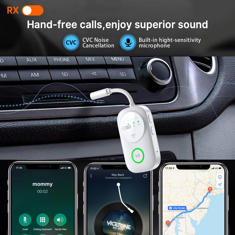 Bluetooth 5.4 Transmitter Receiver for 2 AirPods/Headphones, 2-in-1 Wireless Adapter with Microphone, Audio Adapter with 3.5mm Audio Jack, Suitable for Airplane, Car, TV, PC, Home Stereo White