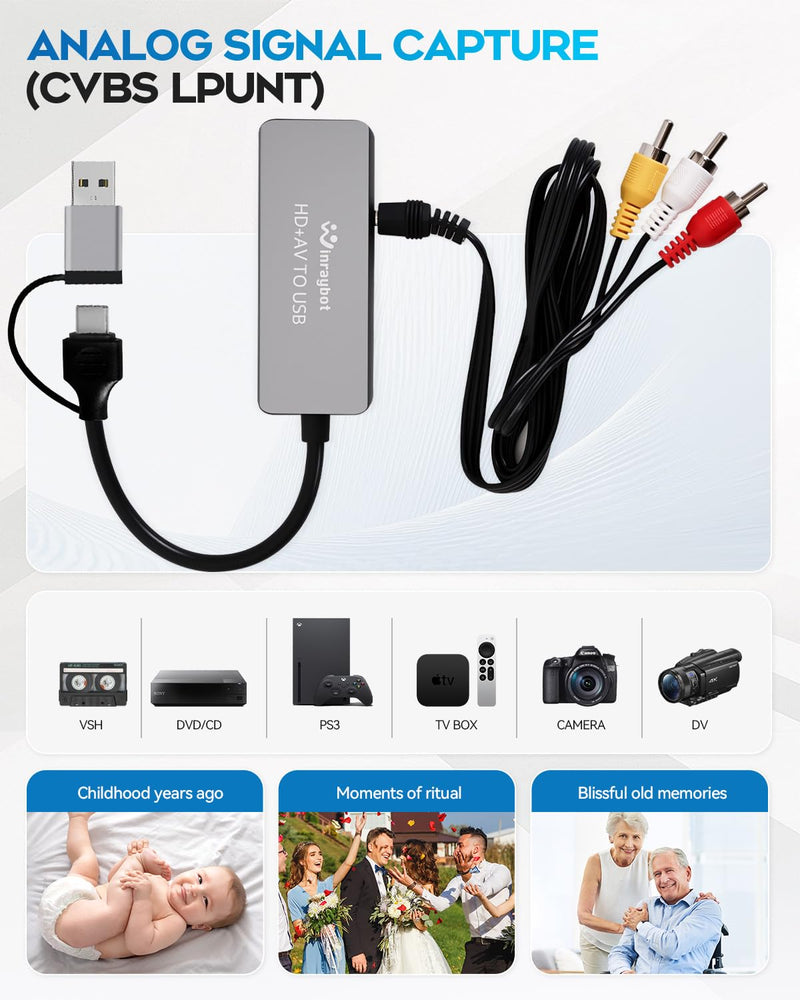 [AUSTRALIA] - VHS to Digital Converter, Video Capture Card for VHS/DVD/HI9/AV/Wii, RCA to USB Converter Analog to Digital Adapter for Saving Old Memories RCA/S-Video/HDMI Input (USB-A+USB-C) USB A+USB C 
