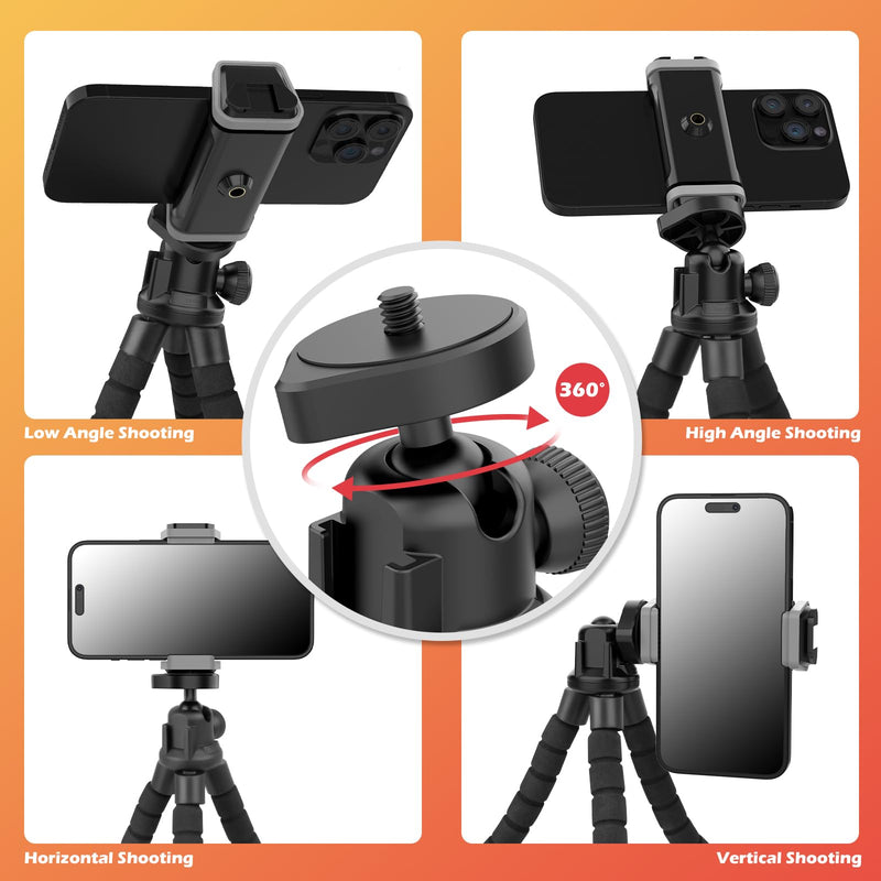 Aureday Cell Phone Tripod, Flexible Mini Tripod with Remote and Cold Shoe, Small Tripod Stand for Video Recording, Vlogging, Compatible with Microphones,Cellphone,Camera,Gopro Black Flexible Tripod with Cold Shoe