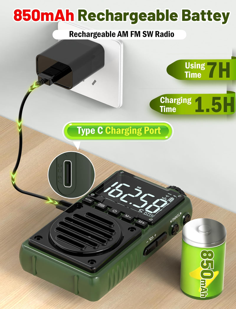 Digital AM FM Weather Band Radio with Flashlight,850mAh Rechargeable Portable Pocket Radio with Best Reception,LCD Screen, Back Clip,Stereo Earphone Jack, SOS Alarm,Sleep Timer for Jogging,Walking Green