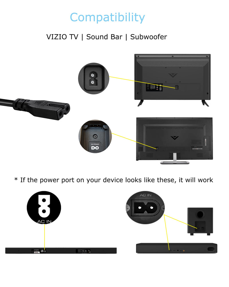 [AUSTRALIA] - 2 Prong AC Power Cord Compatible wtih Vizio D/E/M Series HDTV, Vizio Sound Bar Supply Cable Replacement 6FT 