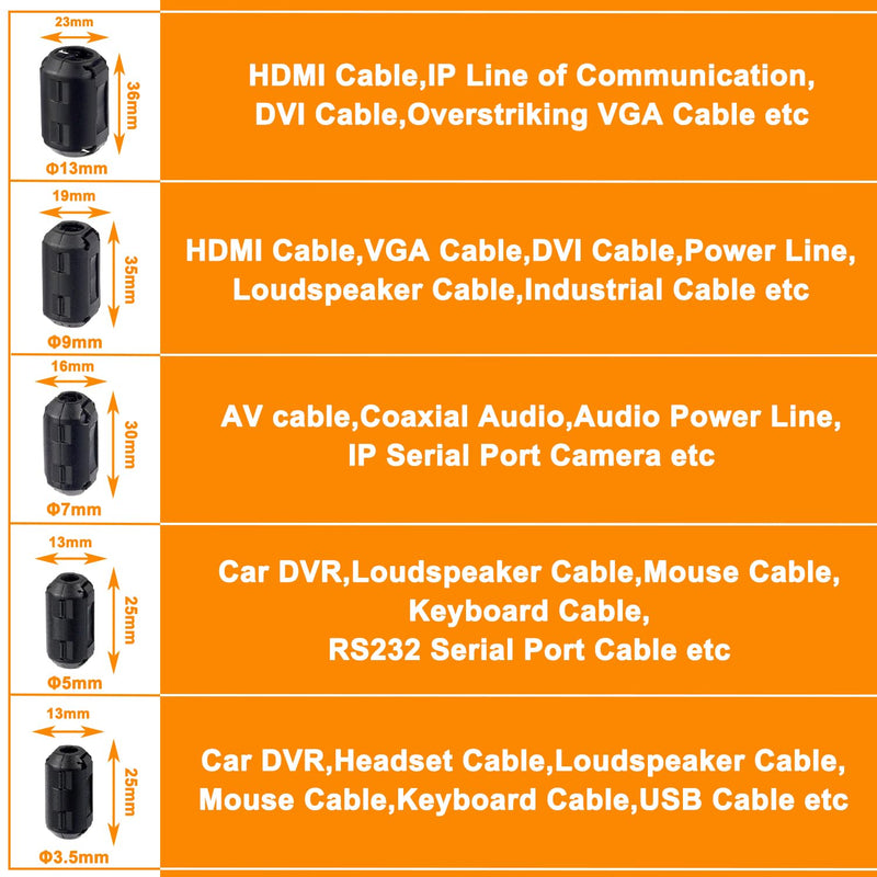 5 Values 28 Pcs Black Clip-on Ferrite Ring Core RFI EMI Noise Suppressor Cable Clip for 3.5mm 5mm 7mm 9mm 13mm Diameter Cable HR- CORE-28P