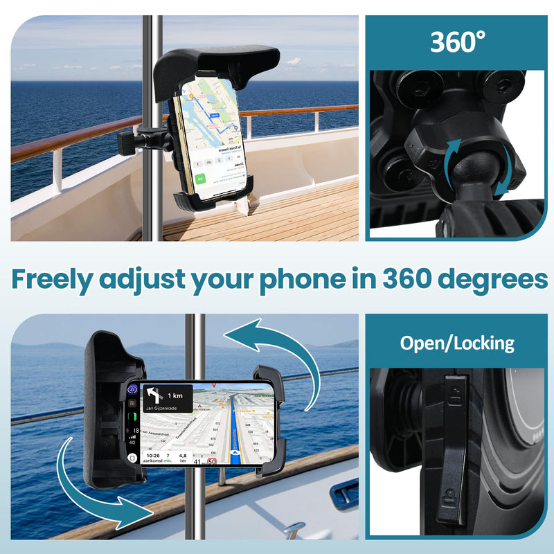 Boat Phone Holder with Sunshade, 360 Degree Rotation Marine Cell Phone Holder,Adjustable Knob Crab Clamp,Boat Accessories for Boat Rail, Jet Ski, Cycling, Fits 4.7-7.2 Inch Phones,（Knob Crab Clamp）