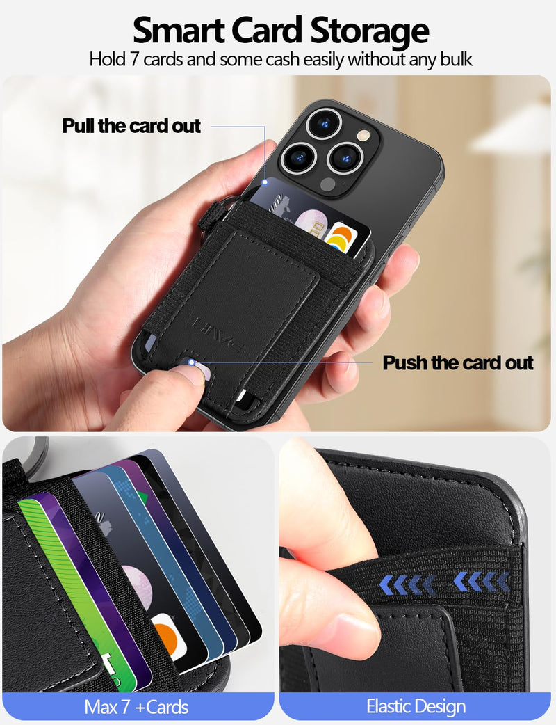 HiWe for Magsafe Wallet, New-Upgrade Magnetic Card Wallet Holder, Leather Magnetic Wallet with Powerful Magnet for iPhone 15/15 Pro/14/13/12 Series, Fits 7 Cards, RFID Blocking, Dark Black