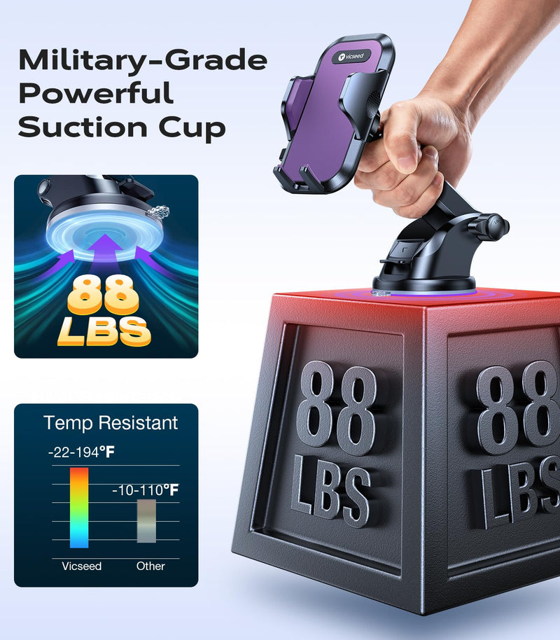 VICSEED Upgraded [Racing-Grade Steady] Phone Holders for Your Car, Purple | [86LBs Ultra-Powerful Suction] Car Phone Holder Mount Truck Stand for Dashboard Windshield Vent for iPhone Samsung All Phones