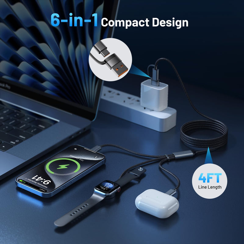 60W Fast Charging Cable for Apple Watch Charger, 6-in-1 Portable Multi Charging Cable for Apple Watch Series 1–11/SE/Ultra (Grey, 120) Grey