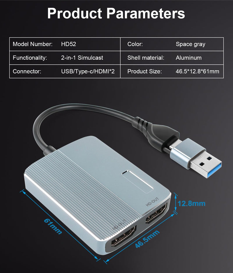 USB C/USB A 3.0 to Dual HDMI Adapter, USB to HDMI Splitter for Dual Monitors Extended Display Adapter for Windows Mac OS, 1080p@60Hz Universal Video Graphics Adapter