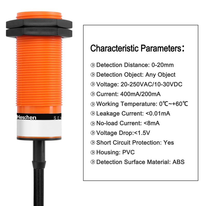 M30 Capacitive Proximity Sensor Switch, SZC-M30-20AC, Detecting Distance 1-20mm, 20-250VAC 400mA, Normally Closed (NC), 2 Wire