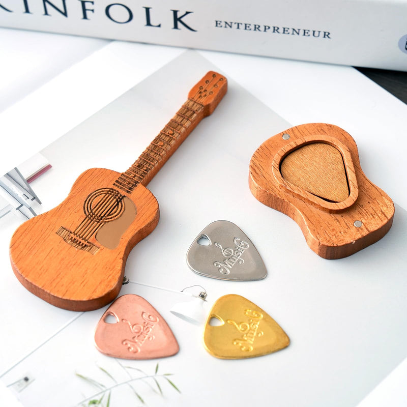 Wooden Guitar Pick Box with Stand,6PCS Unique Guitar Picks Guitar Pick Holder Box,Musician Engraved Wooden Plectrum Case,Acoustic Guitar Box for Electric Bass Guitar Ukulele Lover