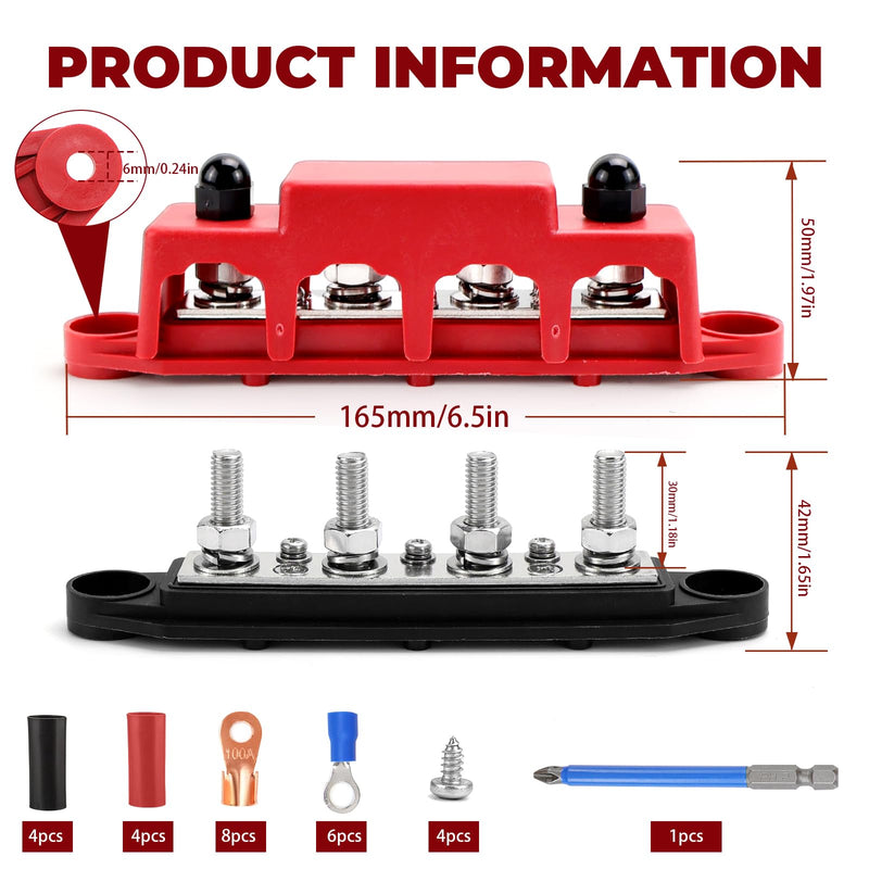 Power Distributor Busbar Block, 12V-48V DC, 250A, 4M8 Terminal Bolts, Pack of 2, Black/Red (A-Black and Red) A-Black and Red