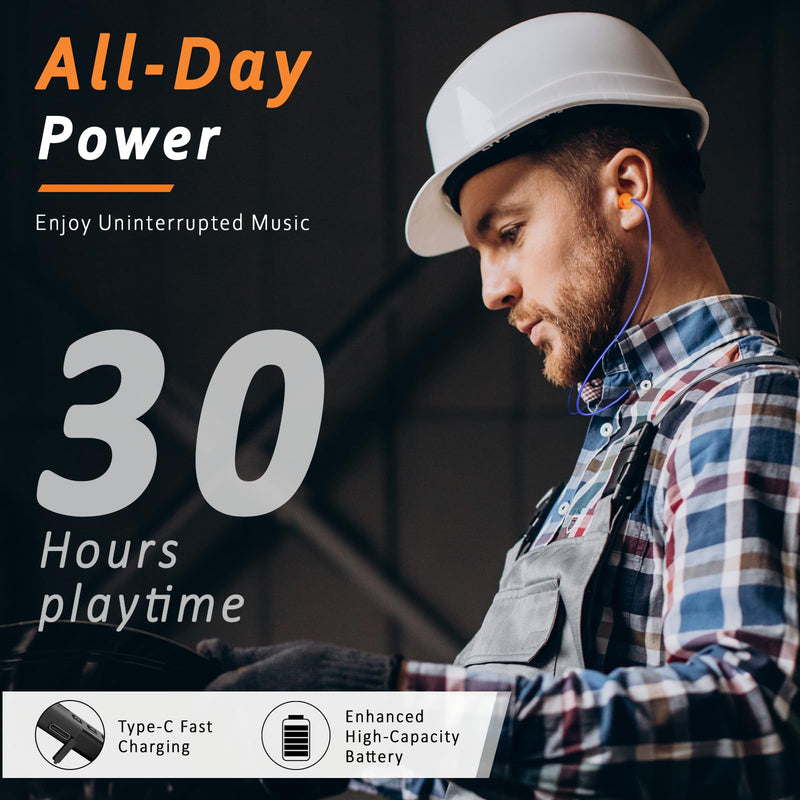 Bluetooth Work Headphones, 29 dB Noise Reduction, 30H Playtime | Neckband Wireless Safety Earplugs, OSHA Compliant, IPX5 Sweatproof, Hearing Protection for Noisy Workplace, Light & Comfy Blue TPE