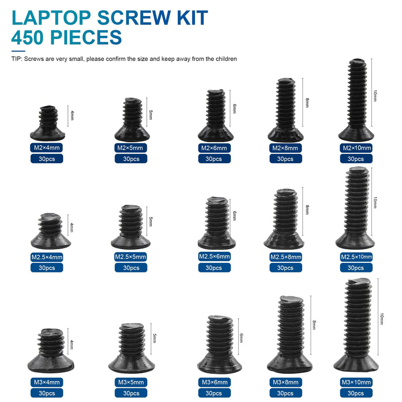 AXK 450PCS Laptop Computer Screw Kit, M2 M2.5 M3 Countersunk Flat Head Phillips Mini Screws Set, Replacement Parts for Electronic Repair 450PCS Kit