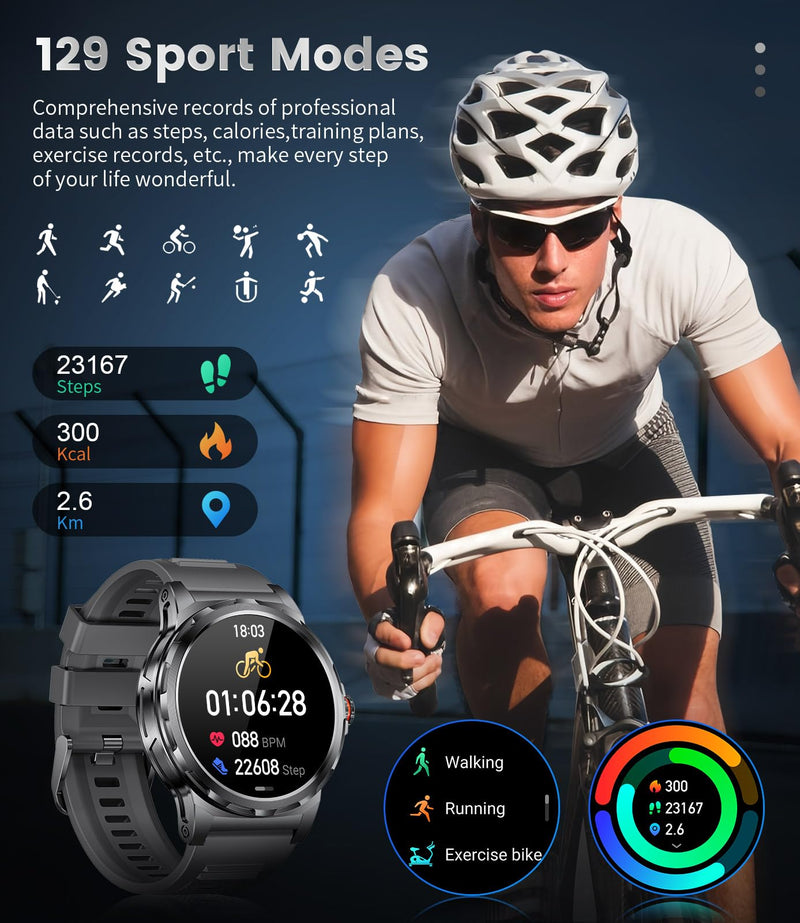Military Smart Watch for Men(Answer/Dial Calls),1.46'' AMOLED Touchscreen/5ATM Waterproof/120+ Sports Modes Fitness Watch with Blood Pressure/Heart Rate/SpO2/Pedometer for Android/iOS Smartwatch Black